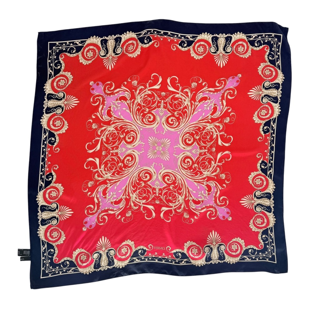 Versace Silk Scarf Red Navy Baroque Filigree Ornate Square 34" Italy Vintage